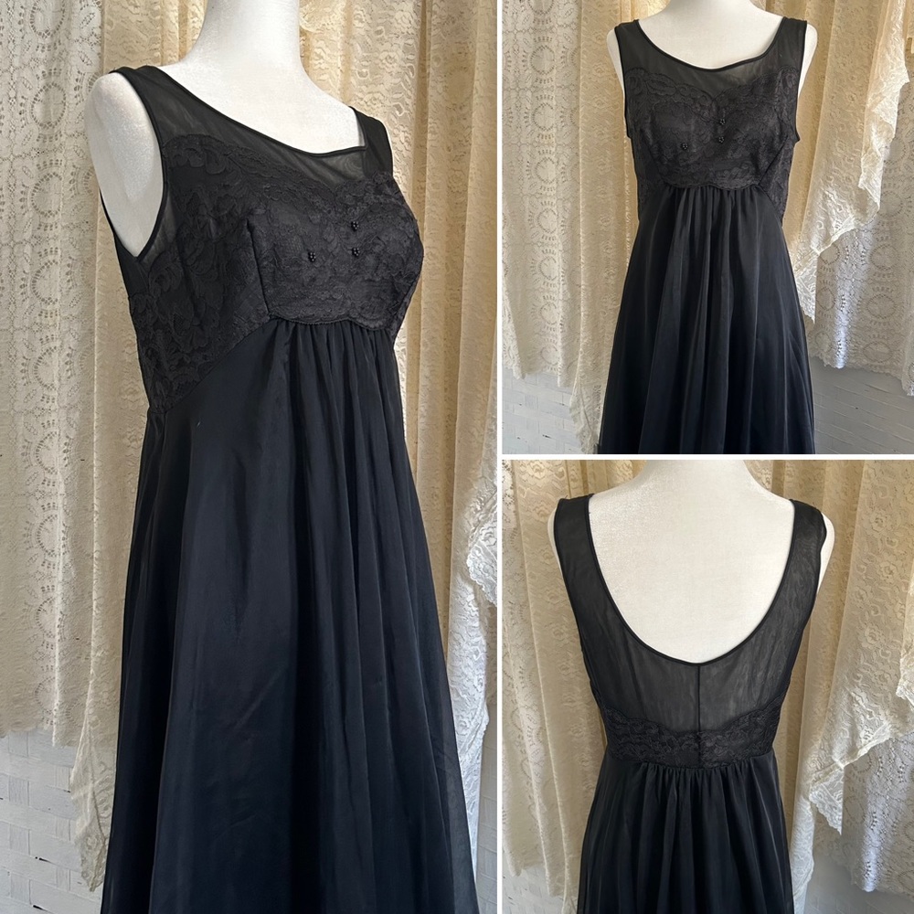 Shadowline Maxi Black Lace Nylon Night Gown